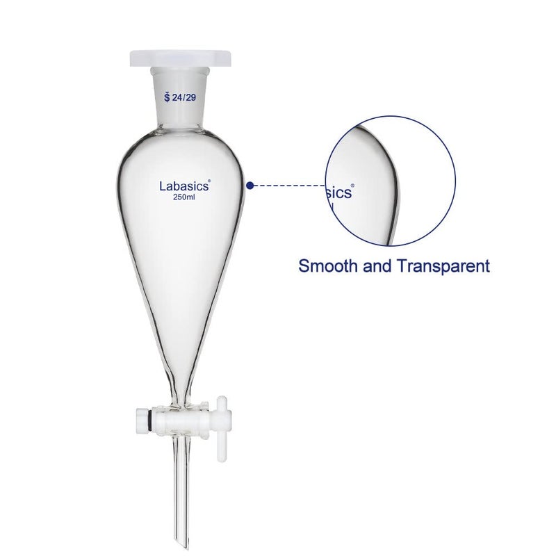 Labasics Conical Separatory Funnel, 250 ml Heavy Wall Borosilicate Glass Separating Funnel with 24/29 Joints and PTFE Stopcock - Image 3